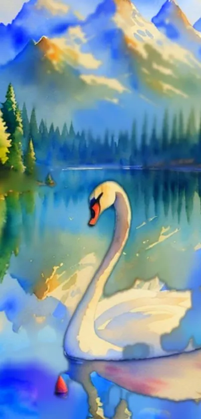 Serene swan glides on a colorful mountain lake with vivid reflections.