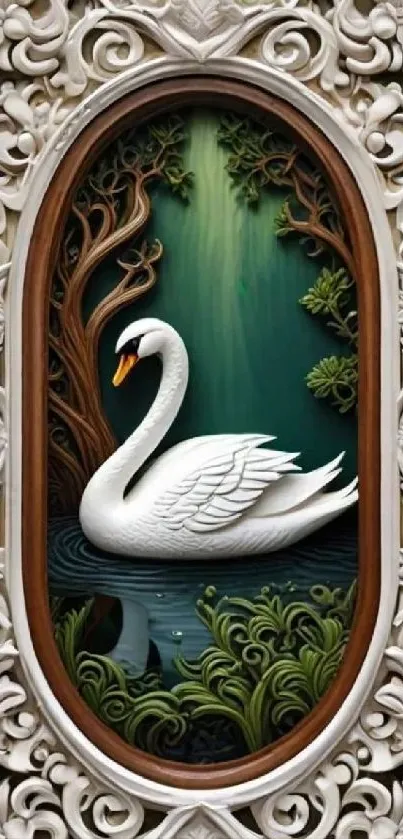 Elegant swan in ornate frame with lush background.