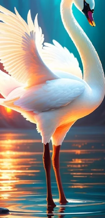 White swan gracefully posed on a serene water surface illuminated by the sunset.