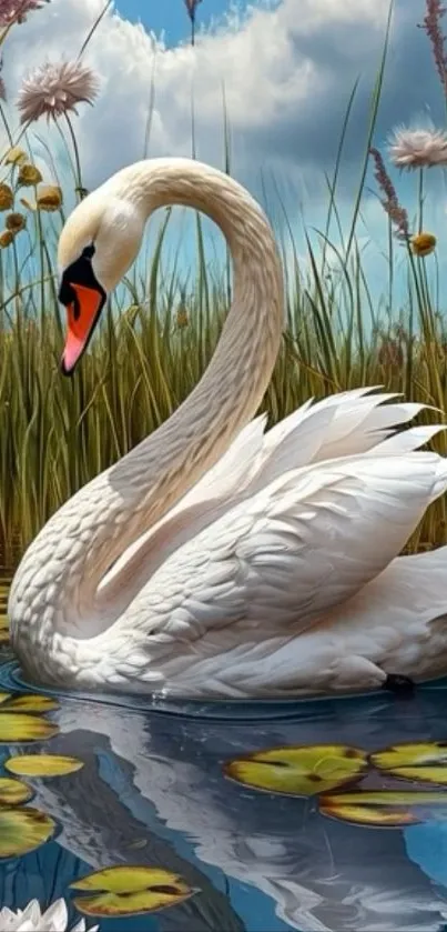 Graceful swan gliding in tranquil pond with water lilies.