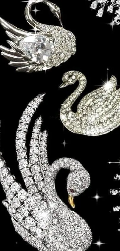 Elegant mobile wallpaper with crystal swans on black background.