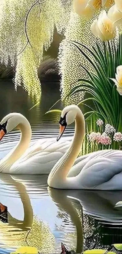 Serene wallpaper featuring swans on a lake surrounded by flowers.