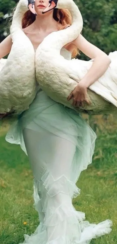 A person in an elegant setting holding two swans, surrounded by lush greenery.