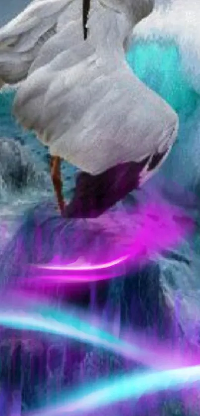 Graceful swan on mystical waters with vibrant neon effects.