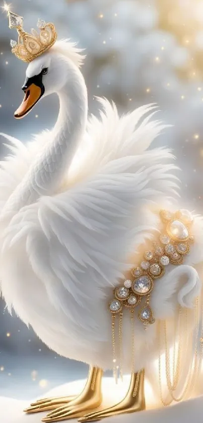 A majestic swan with golden jewels and crown in a graceful pose.