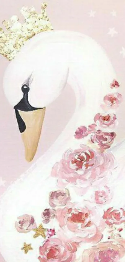 Elegant swan with flowers and a gold crown on a light pink background.