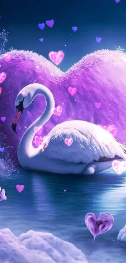 Swan swimming with a purple heart in serene winter scene.