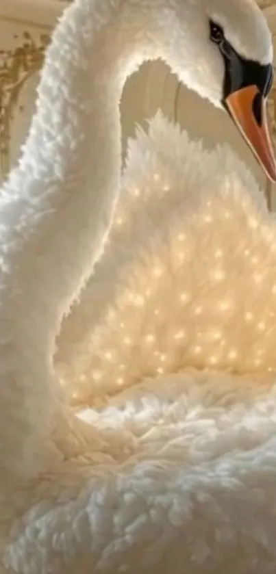 Elegant swan with illuminated feathers in a luxurious setting.