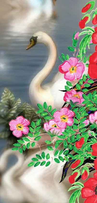 Elegant swans with vibrant red and pink flowers mobile wallpaper.