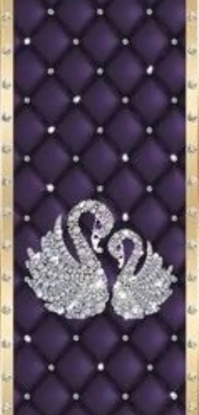 Swan duo on purple background with gold accents.