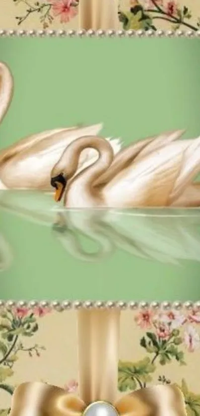 Elegant wallpaper with swans on a floral background.