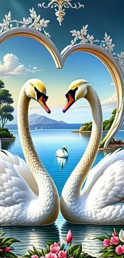 Graceful swans in heart-shaped lake scene, ideal for mobile wallpaper.