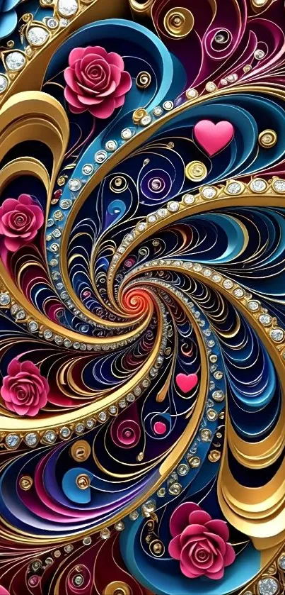 Elegant swirl floral wallpaper featuring vibrant colors and gemstones.
