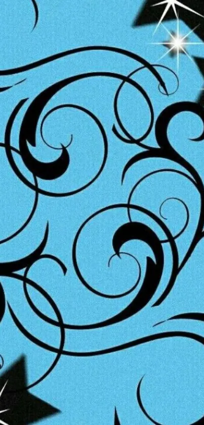 Elegant swirl design on blue wallpaper with black accents.