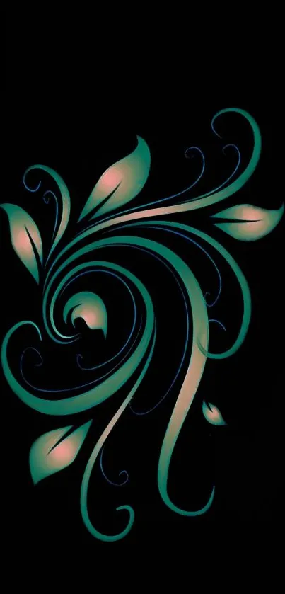 Elegant teal swirl design on black wallpaper.