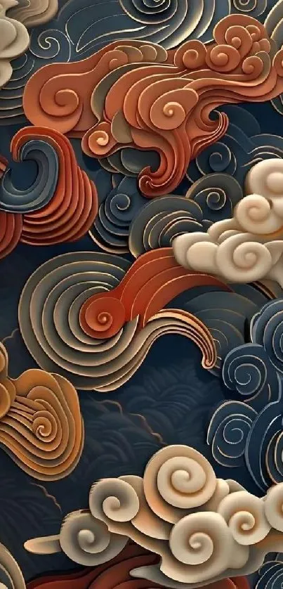 Intricate swirl design wallpaper in orange and blue hues.
