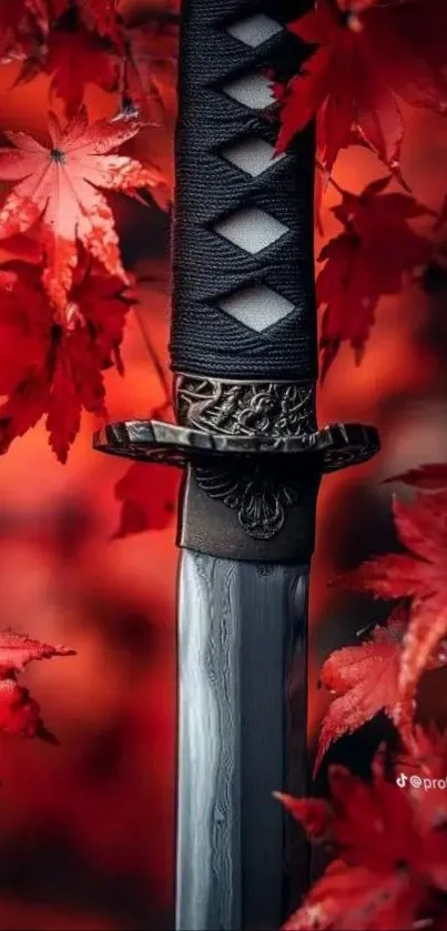 Katana sword with red autumn leaves background.