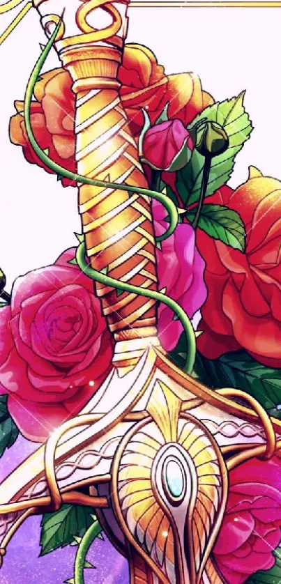 Ornate sword with intertwined roses in artistic design.