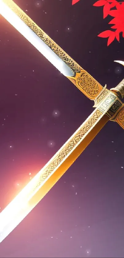 Ornate golden sword with red leaves on a dark background.