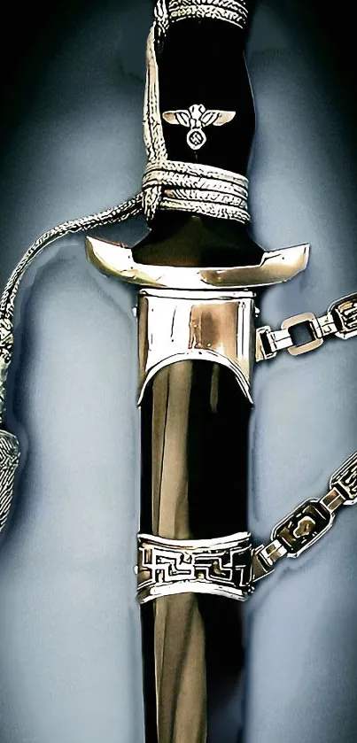 Elegant sword with silver chain and detailed hilt on black background.