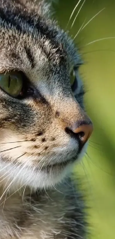 Close-up portrait of a tabby cat with green eyes against a blurred green background.