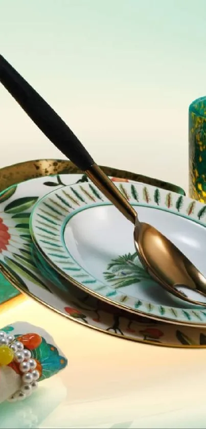 Elegant tableware and dining set against a light green background.