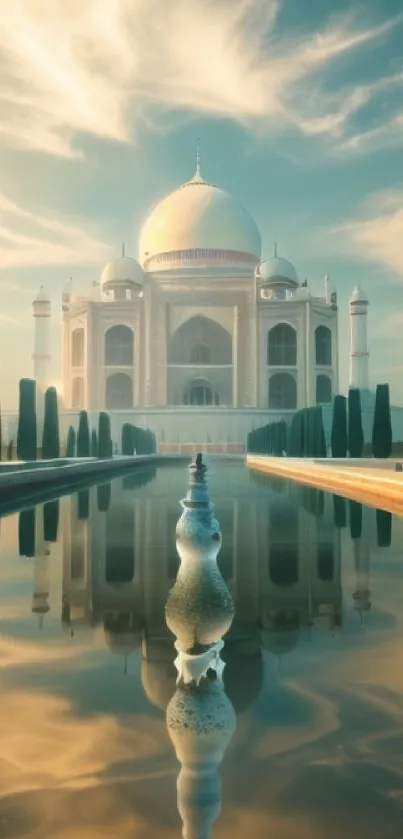 Taj Mahal with serene reflection in a tranquil water setting.