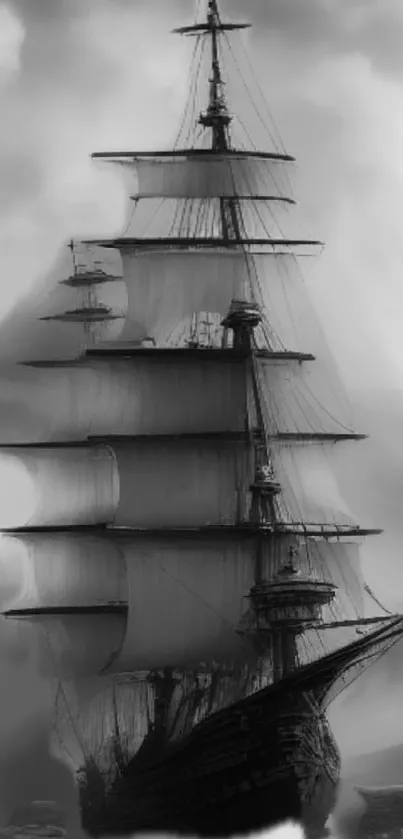 Black and white tall ship sailing in calm sea wallpaper.