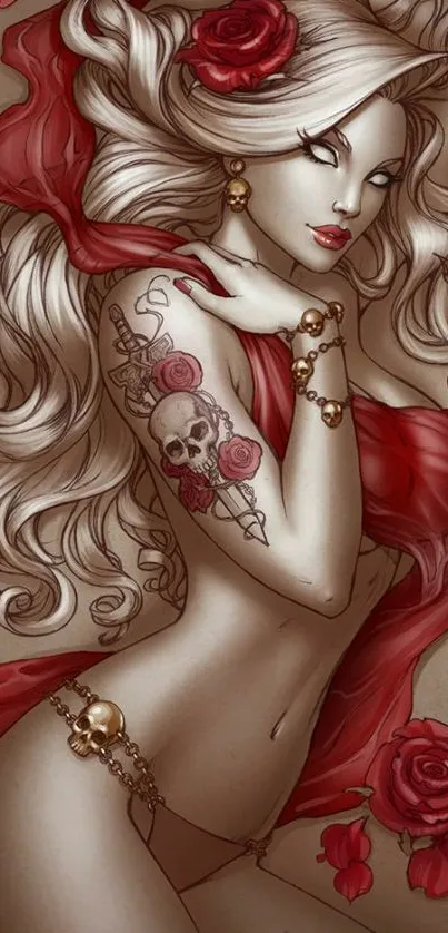 Elegant tattoo art wallpaper with roses and flowing hair.