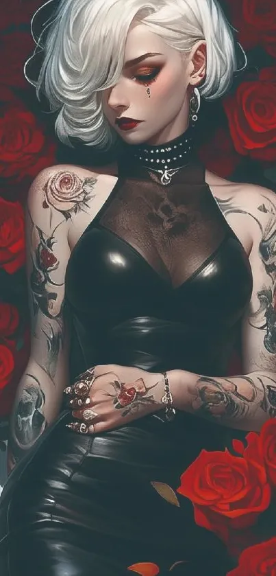 Tattooed woman with white hair surrounded by roses.