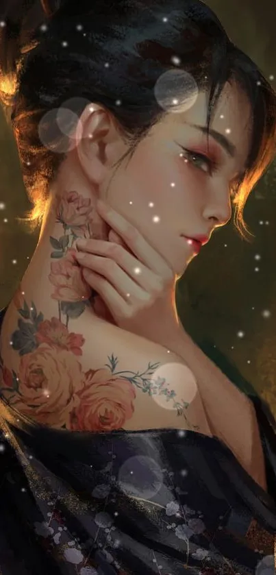 Artistic wallpaper featuring a tattooed woman with elegant floral tattoos.