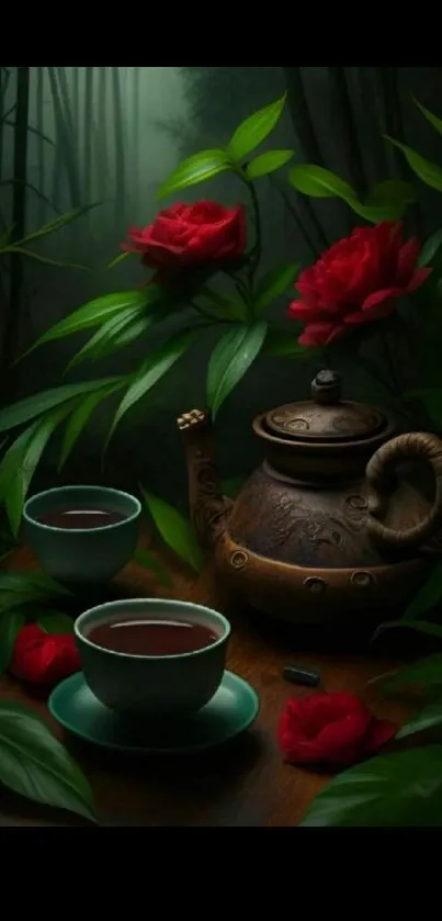 Artistic tea set with red roses and green leaves creates a serene wallpaper.