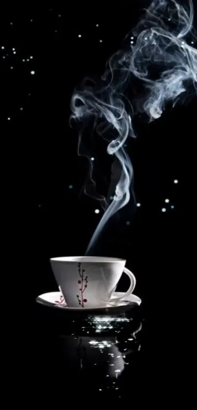 Tea cup with rising steam on a black background.