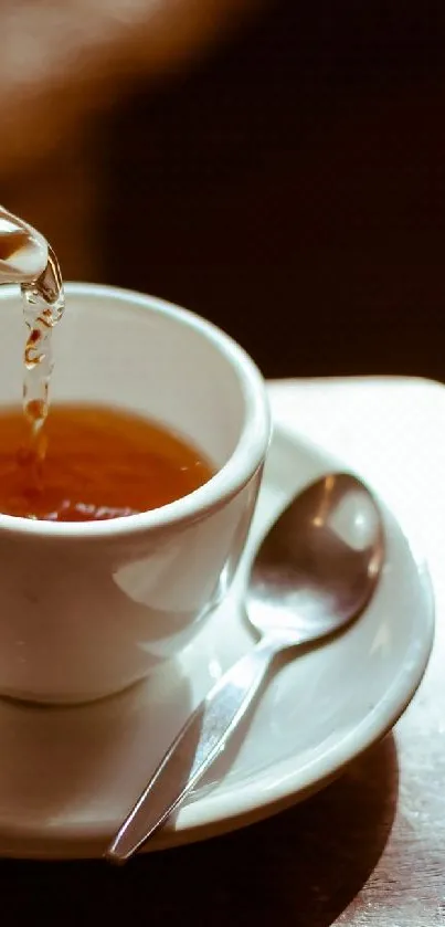 Close-up of tea being poured into cup with saucer and spoon in warm light.