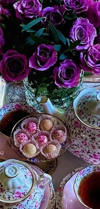 Elegant teacup set with purple roses bouquet.