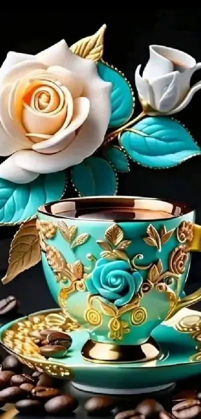 Elegant turquoise teacup with rose design and gold accents.