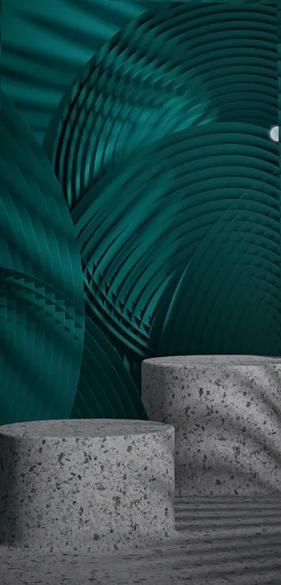 Abstract teal wallpaper with layered patterns and sculpted textures.