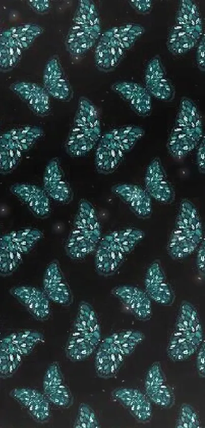 Teal butterflies on a black background create an elegant pattern for phone wallpaper.