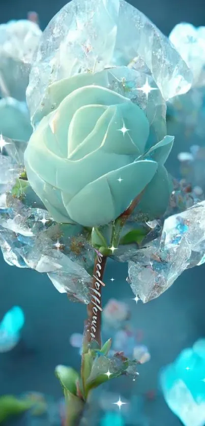 Teal rose encased in crystals, elegant wallpaper.