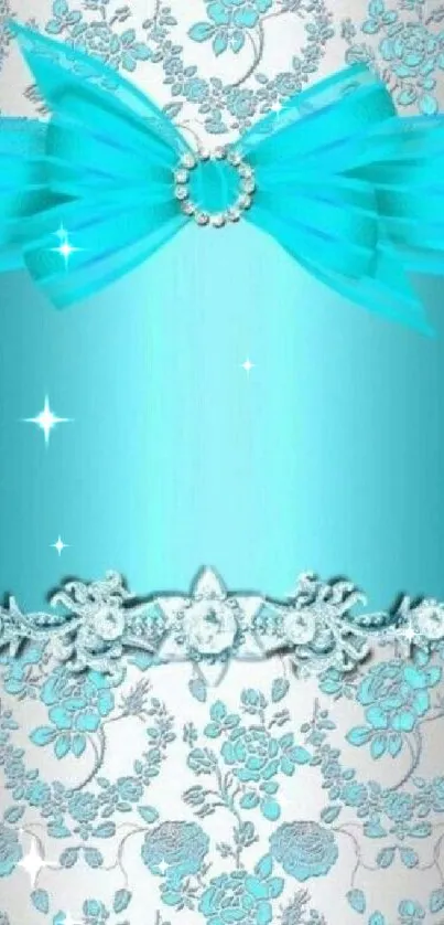 Elegant teal wallpaper with floral patterns and bow design for mobile phones.