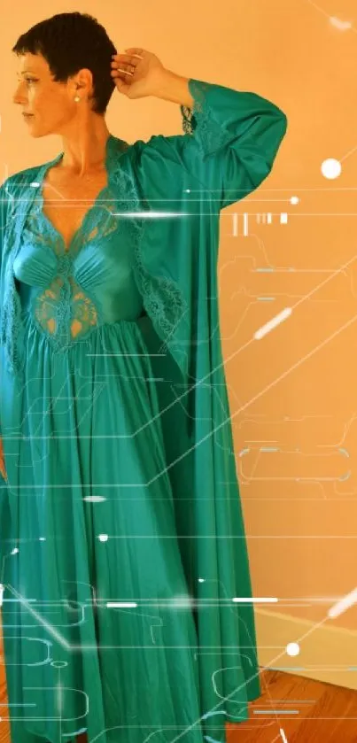 Elegant teal gown in orange room, creating vibrant contrast.