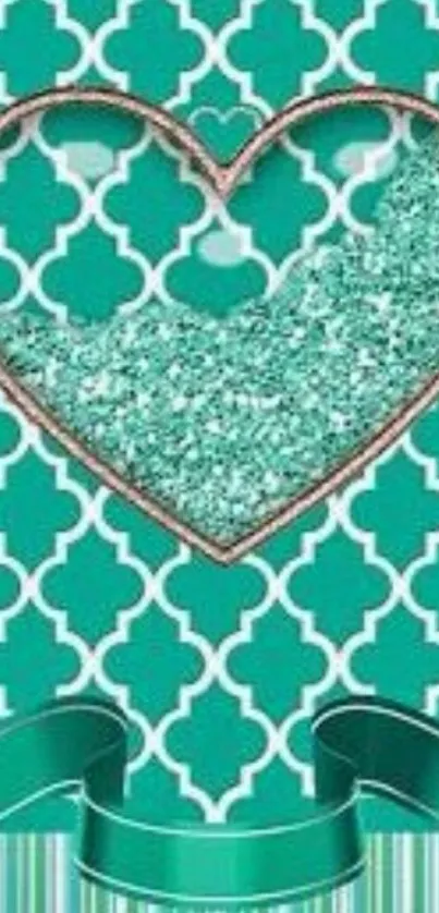 Teal heart pattern wallpaper with glitter and geometric design.