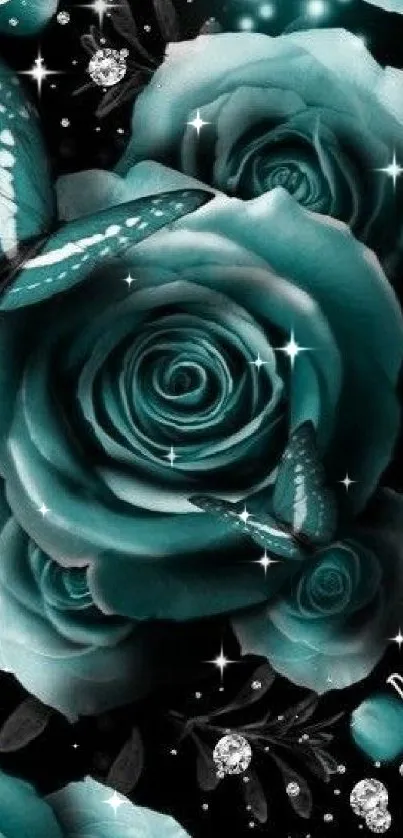 Elegant teal roses and butterflies design for mobile wallpaper.