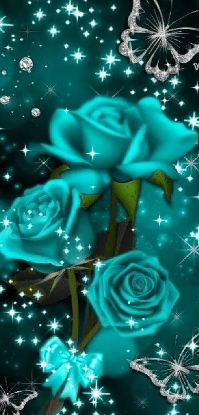 Teal roses and silver butterflies on a starry background.