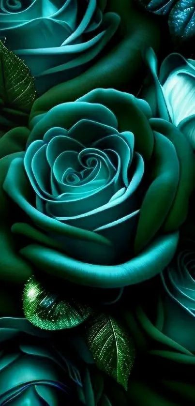 Teal roses with green leaves wallpaper.