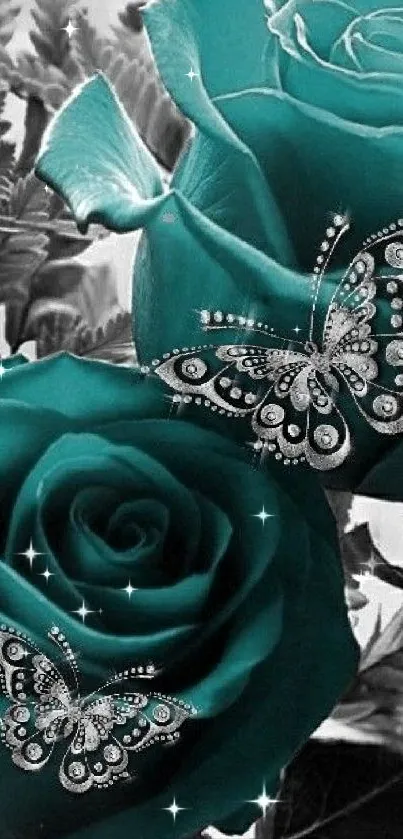 Teal roses with diamond butterflies mobile wallpaper.