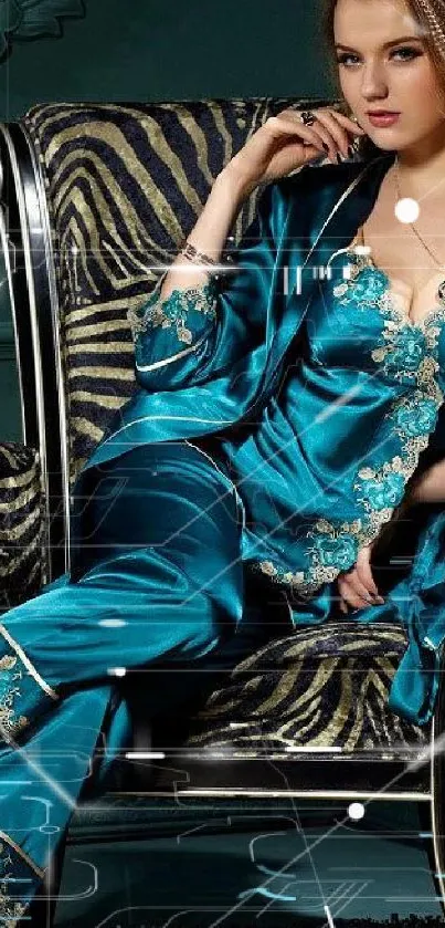 Elegant teal satin loungewear in a luxurious setting.