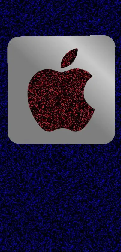 Red glitter logo on blue wallpaper background.