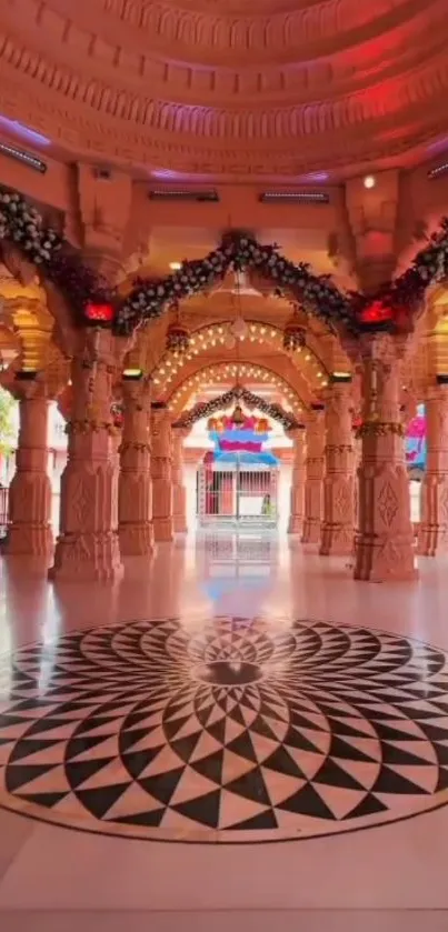 Elegant temple interior with ornate columns and geometric floor.