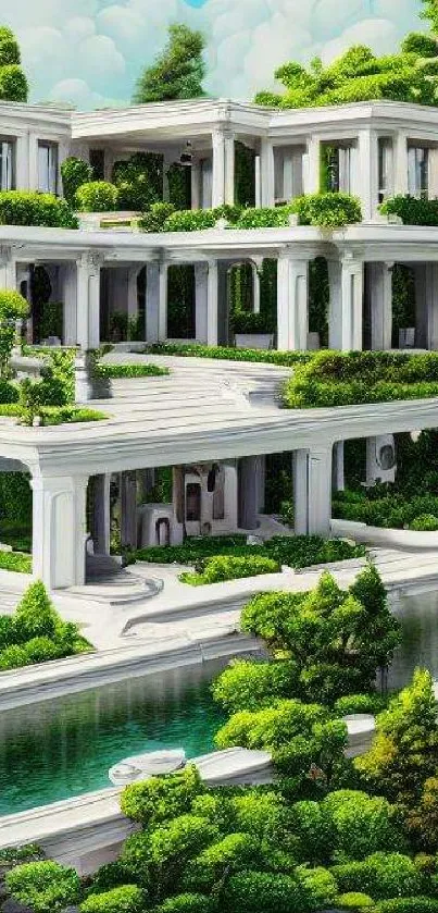 Elegant terraced garden with classical architecture and lush greenery.